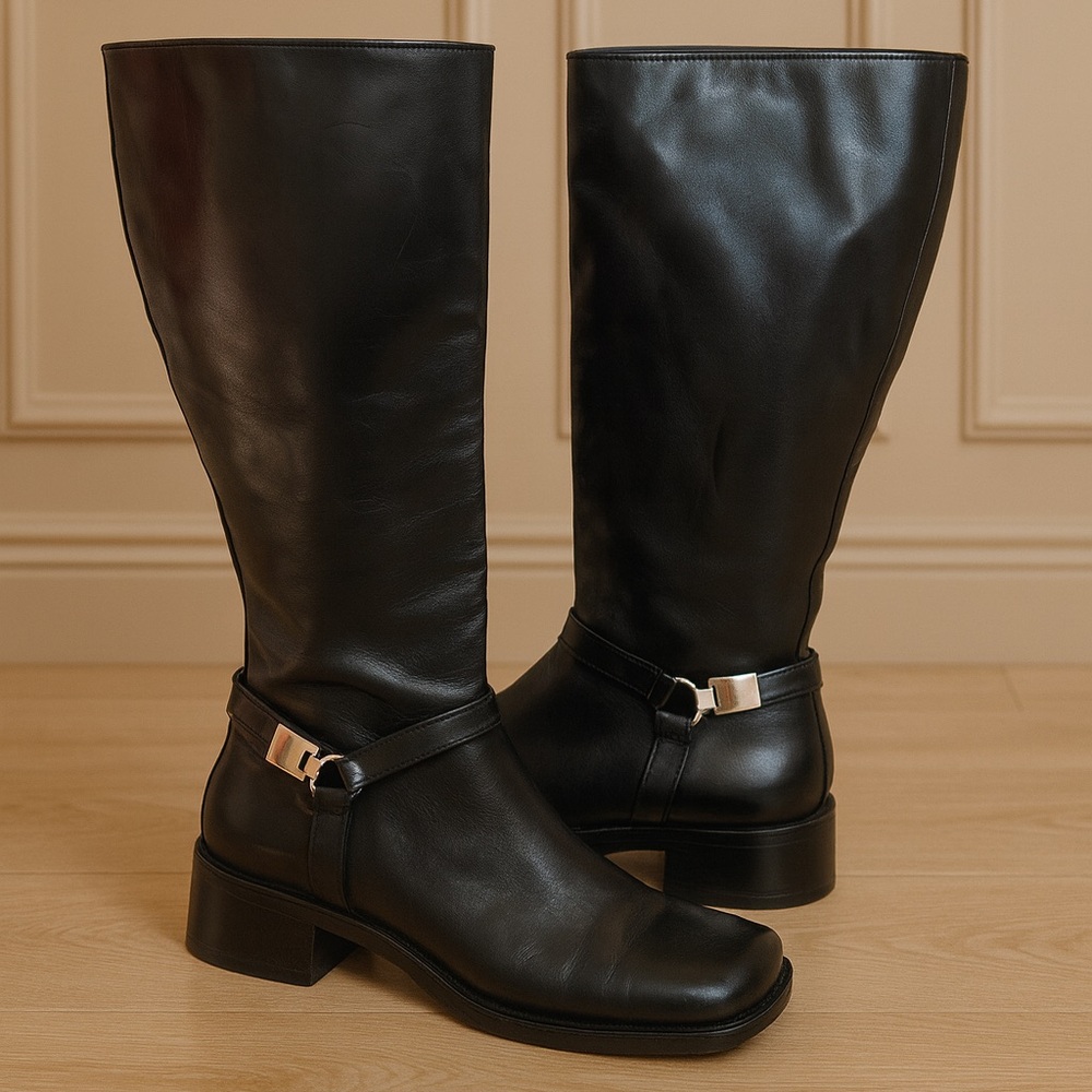 Nine West Genuine Leather Knee High Square Toe Chunky Tall Boots Black Y2K 10M